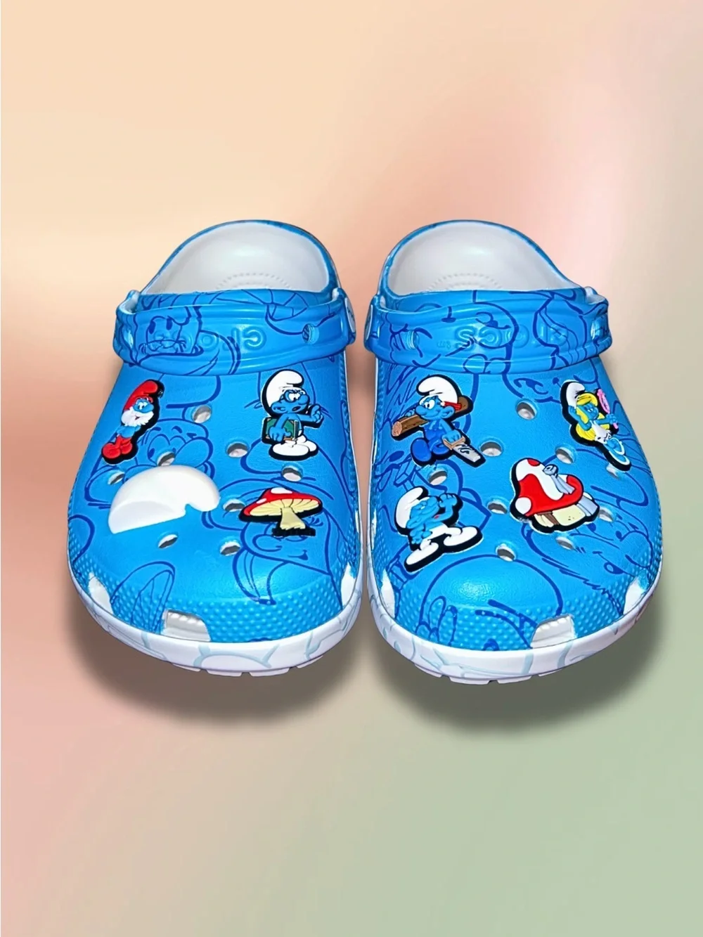 Crocs Smurfs Classic Clogs Blue White Jibbitz Kids Size J5 Youth EUC
